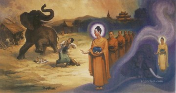Buddhist Painting - buddha subduing the fierce drunkened elephant nalagiri Buddhism